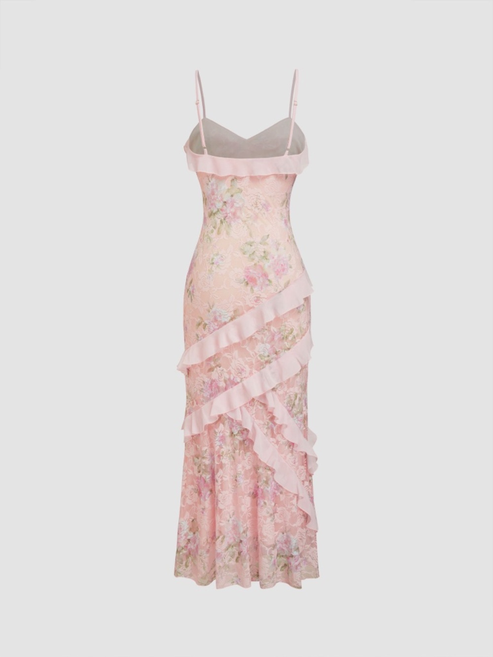LACE V-NECK FLORAL RUFFLE MAXI DRESS - Picture 2 of 3